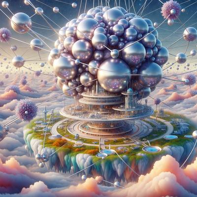 The primary subject of the image is a large, intricate, and colorful structure, which appears to be a futuristic city or a space station. The setting is a cloudy sky, and the visual style is digital art or illustration. The colors and mood of the image are vibrant and lively, with a sense of wonder and imagination.